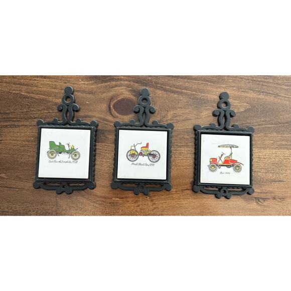 ⭐️ Cast Iron Black Mini Trivets Ardco Antique Car Collector Tiles Set Made Japan - Picture 1 of 5